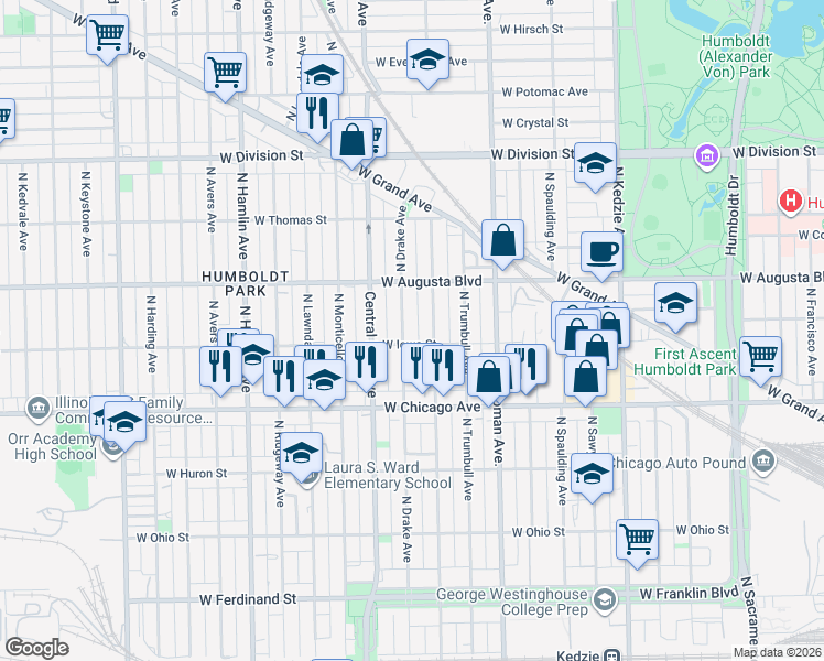 map of restaurants, bars, coffee shops, grocery stores, and more near 920 North Drake Avenue in Chicago