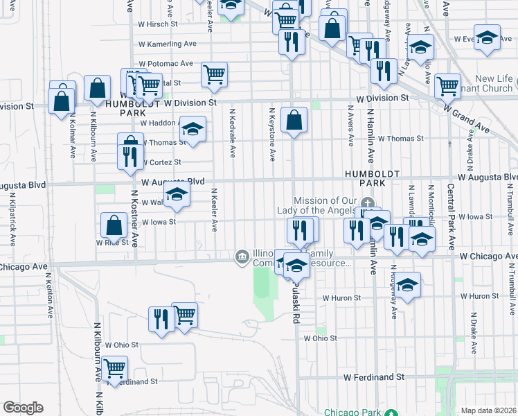 map of restaurants, bars, coffee shops, grocery stores, and more near 924 North Karlov Avenue in Chicago