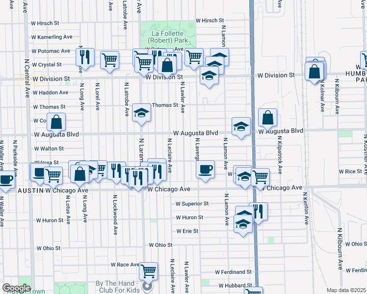 map of restaurants, bars, coffee shops, grocery stores, and more near 939 North Lawler Avenue in Chicago