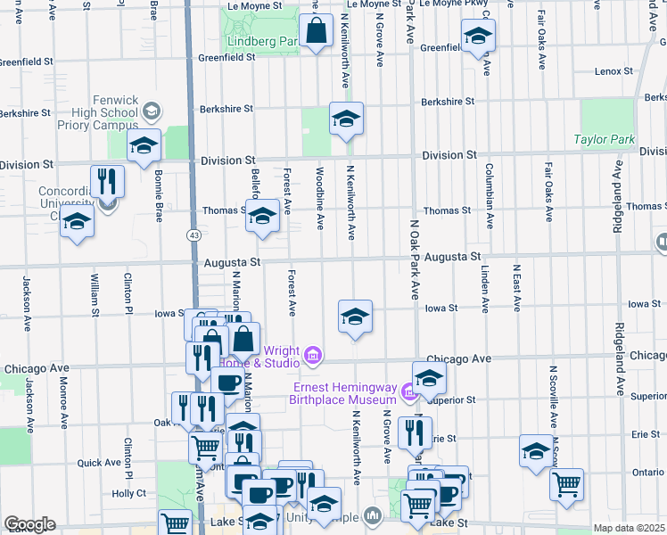 map of restaurants, bars, coffee shops, grocery stores, and more near 701 North Kenilworth Avenue in Oak Park
