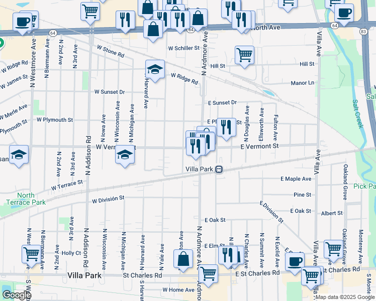 map of restaurants, bars, coffee shops, grocery stores, and more near 16 West Vermont Street in Villa Park