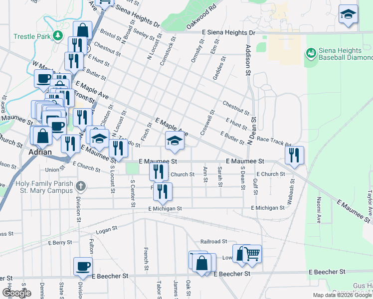 map of restaurants, bars, coffee shops, grocery stores, and more near 917 Croswell Street in Adrian