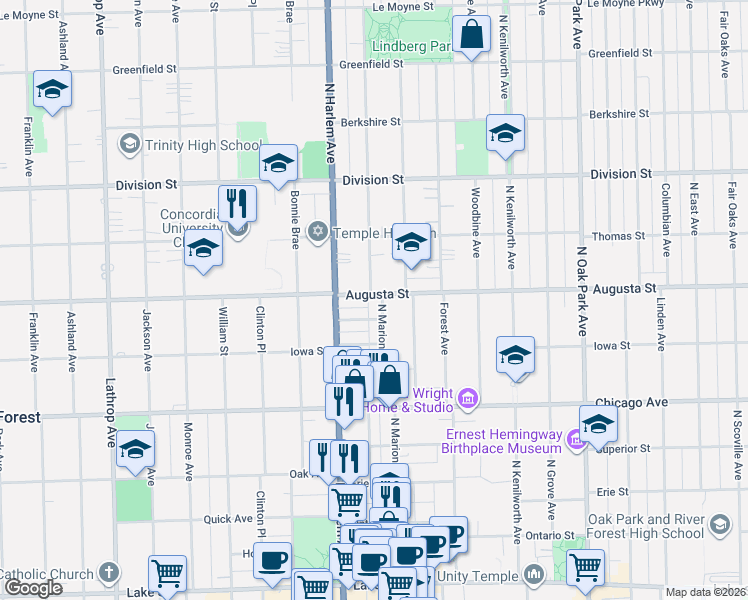 map of restaurants, bars, coffee shops, grocery stores, and more near 701 North Marion Street in Oak Park