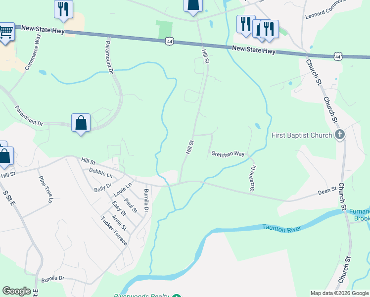 map of restaurants, bars, coffee shops, grocery stores, and more near 532 Hill Street in Raynham