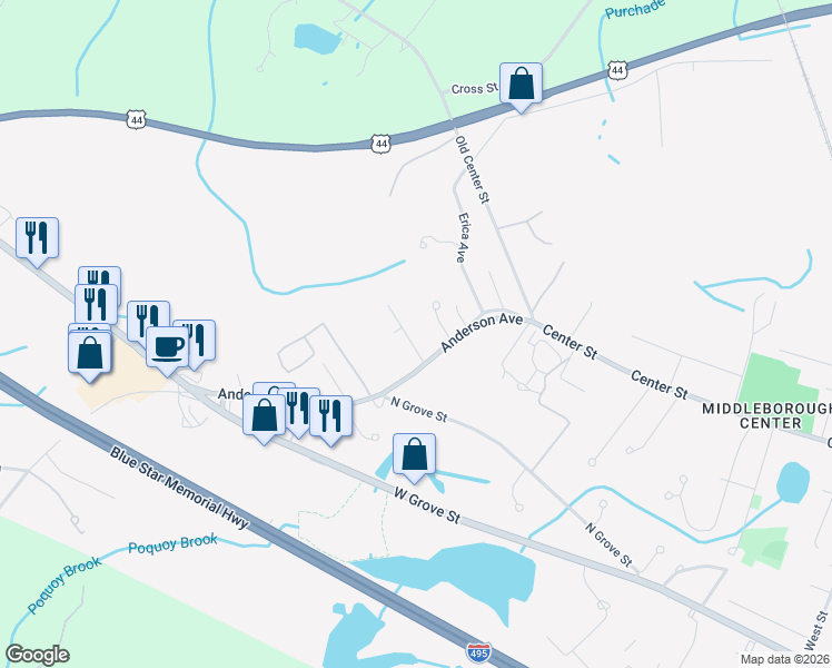 map of restaurants, bars, coffee shops, grocery stores, and more near 1 Adams Circle in Middleborough