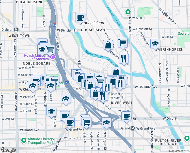 map of restaurants, bars, coffee shops, grocery stores, and more near 851 North May Street in Chicago