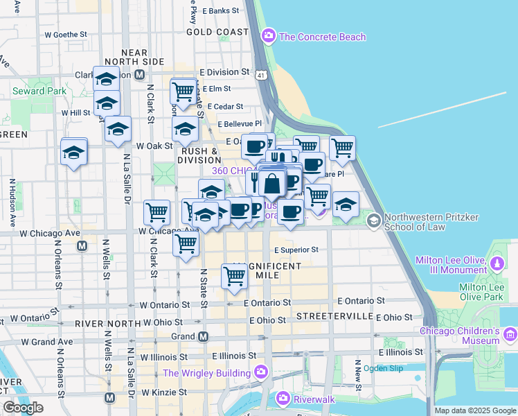 map of restaurants, bars, coffee shops, grocery stores, and more near 830 North Michigan Avenue in Chicago