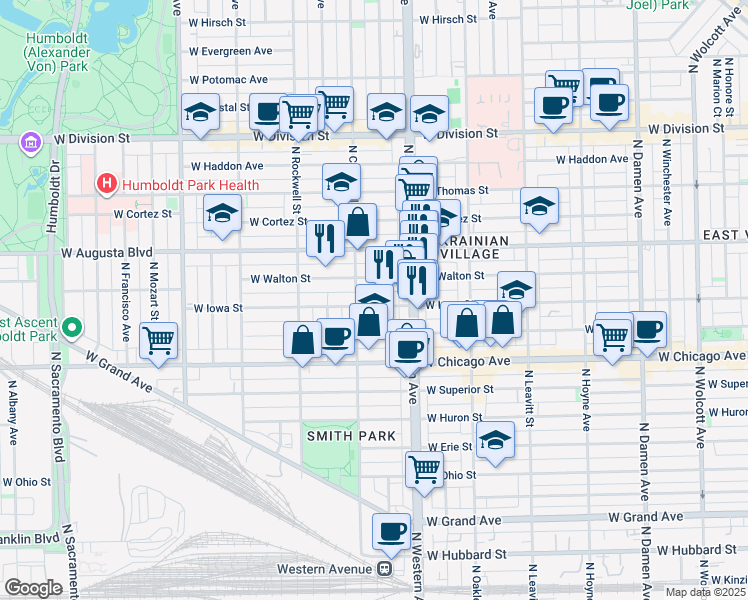 map of restaurants, bars, coffee shops, grocery stores, and more near 2440 West Iowa Street in Chicago