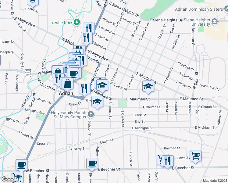 map of restaurants, bars, coffee shops, grocery stores, and more near 430 Toledo Street in Adrian