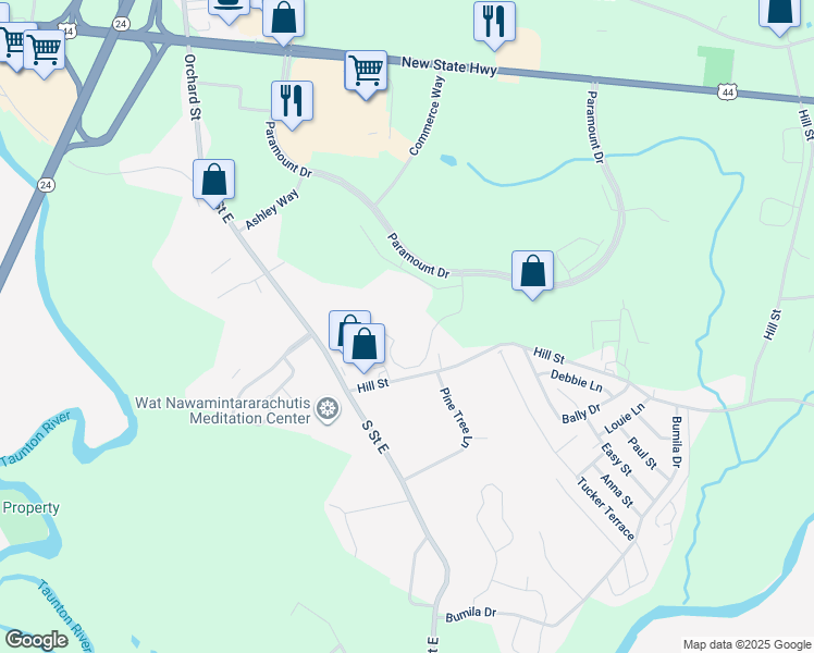 map of restaurants, bars, coffee shops, grocery stores, and more near 325 Paramount Drive in Raynham