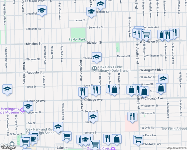 map of restaurants, bars, coffee shops, grocery stores, and more near 255 North Cuyler Avenue in Oak Park