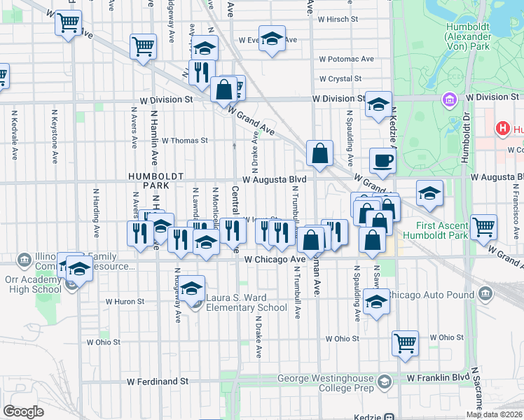 map of restaurants, bars, coffee shops, grocery stores, and more near 920 North Drake Avenue in Chicago
