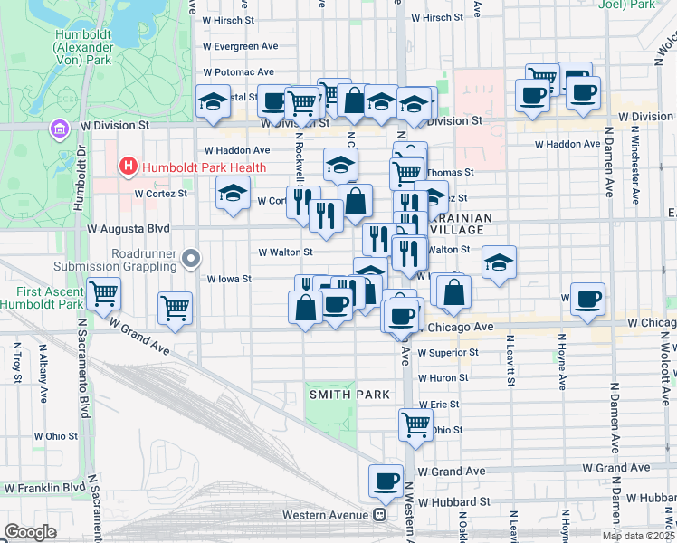 map of restaurants, bars, coffee shops, grocery stores, and more near 2516 West Iowa Street in Chicago