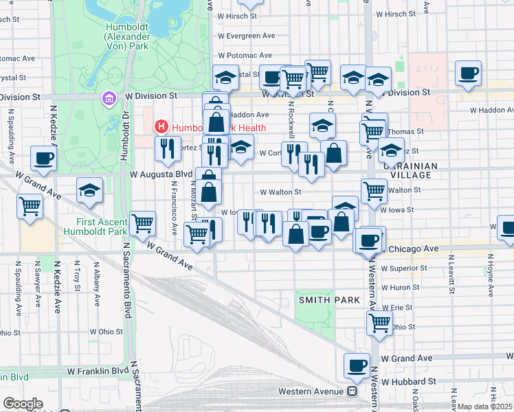 map of restaurants, bars, coffee shops, grocery stores, and more near 2656 West Iowa Street in Chicago