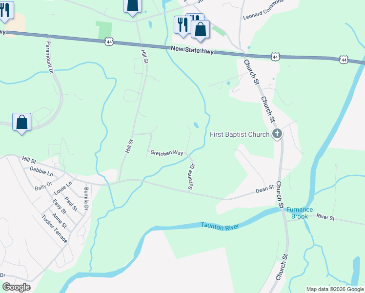 map of restaurants, bars, coffee shops, grocery stores, and more near 130 Suzanne Drive in Raynham
