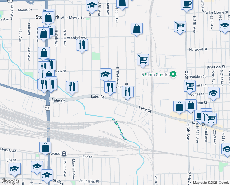 map of restaurants, bars, coffee shops, grocery stores, and more near 1221 34th Avenue in Melrose Park