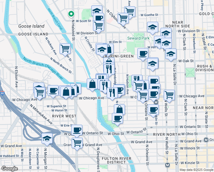 map of restaurants, bars, coffee shops, grocery stores, and more near North Larrabee Street & North Kingsbury Street in Chicago