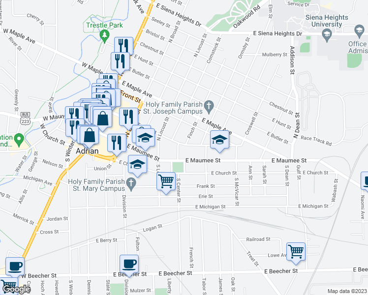 map of restaurants, bars, coffee shops, grocery stores, and more near 526 Toledo Street in Adrian