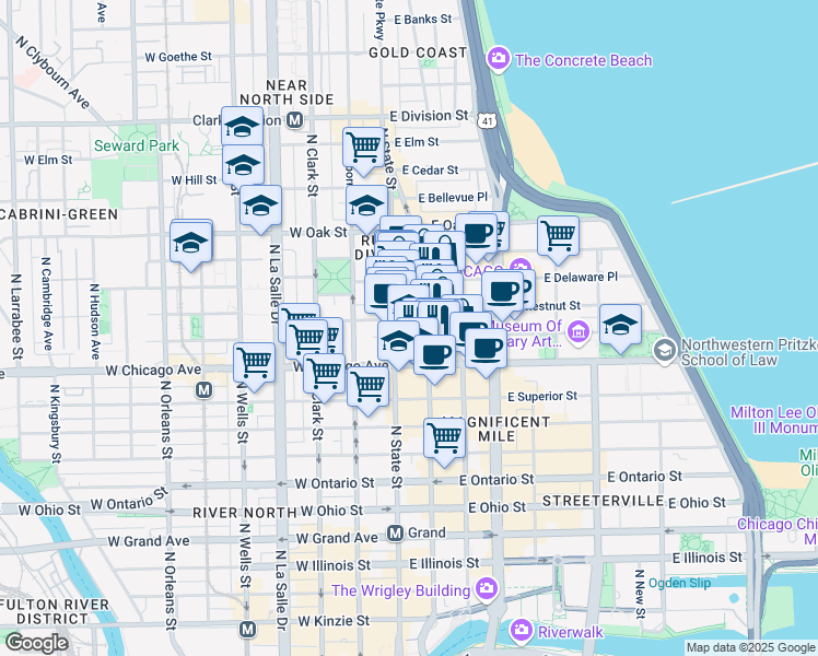 map of restaurants, bars, coffee shops, grocery stores, and more near 25 East Pearson Street in Chicago
