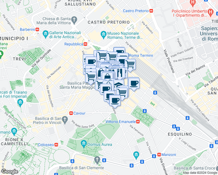 map of restaurants, bars, coffee shops, grocery stores, and more near 42 Piazza di Santa Maria Maggiore in Rome