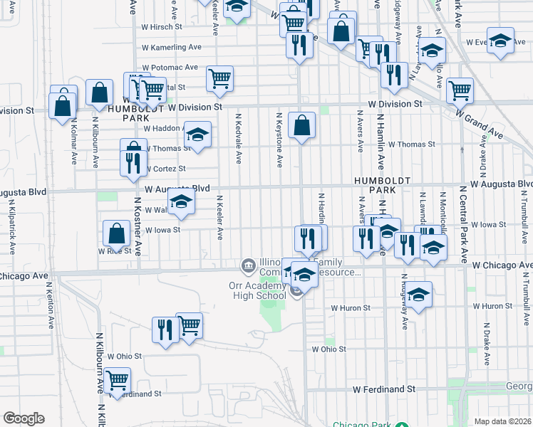 map of restaurants, bars, coffee shops, grocery stores, and more near 924 North Karlov Avenue in Chicago