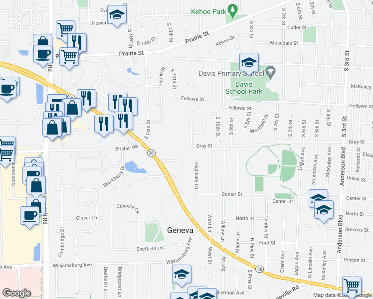 map of restaurants, bars, coffee shops, grocery stores, and more near 1804 Gray Street in Geneva