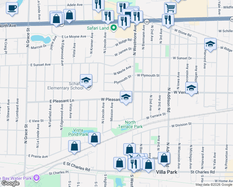 map of restaurants, bars, coffee shops, grocery stores, and more near 701 West Vermont Street in Villa Park
