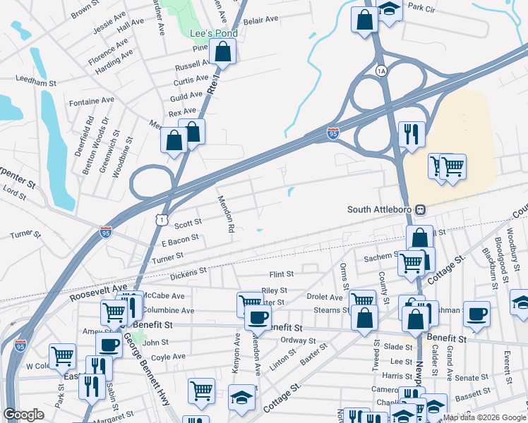 map of restaurants, bars, coffee shops, grocery stores, and more near 128 Scott Street in Attleboro