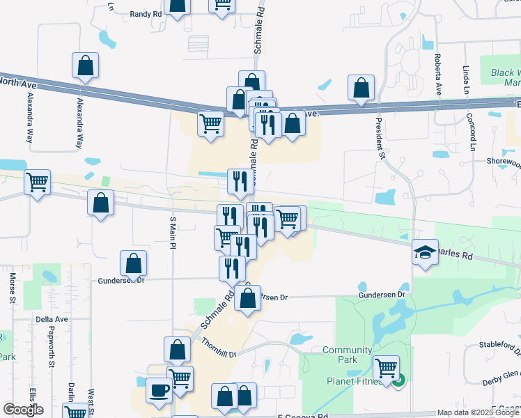 map of restaurants, bars, coffee shops, grocery stores, and more near 565 East Saint Charles Road in Carol Stream
