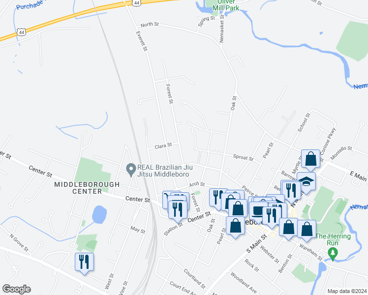 map of restaurants, bars, coffee shops, grocery stores, and more near 45 Forest Street in Middleborough