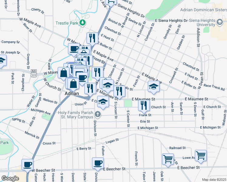 map of restaurants, bars, coffee shops, grocery stores, and more near 131 North Locust Street in Adrian