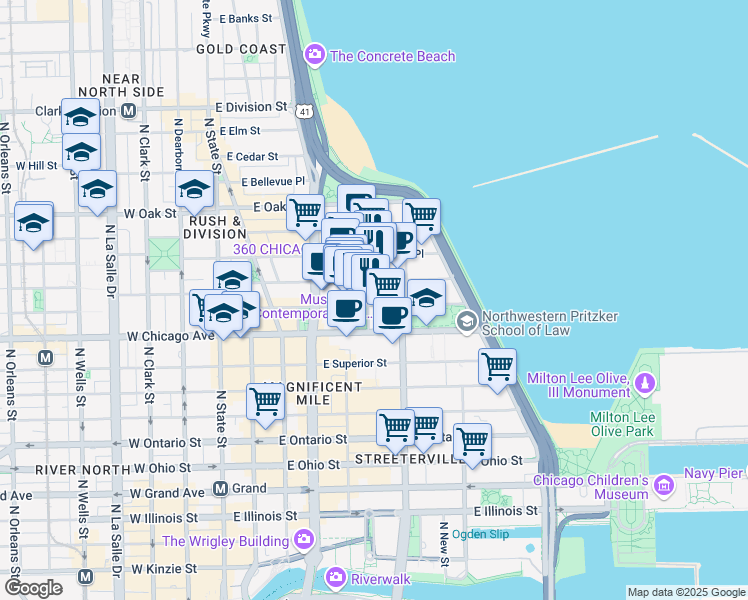 map of restaurants, bars, coffee shops, grocery stores, and more near 222 East Pearson Street in Chicago