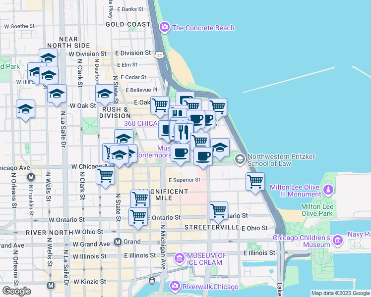 map of restaurants, bars, coffee shops, grocery stores, and more near 811 North Michigan Avenue in Chicago
