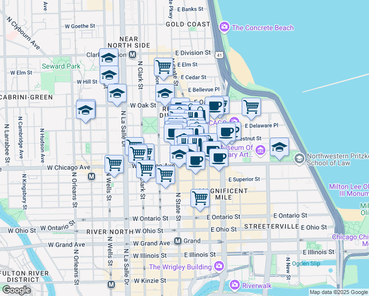 map of restaurants, bars, coffee shops, grocery stores, and more near 840 North Wabash Avenue in Chicago