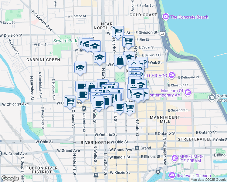 map of restaurants, bars, coffee shops, grocery stores, and more near 103 West Chestnut Street in Chicago