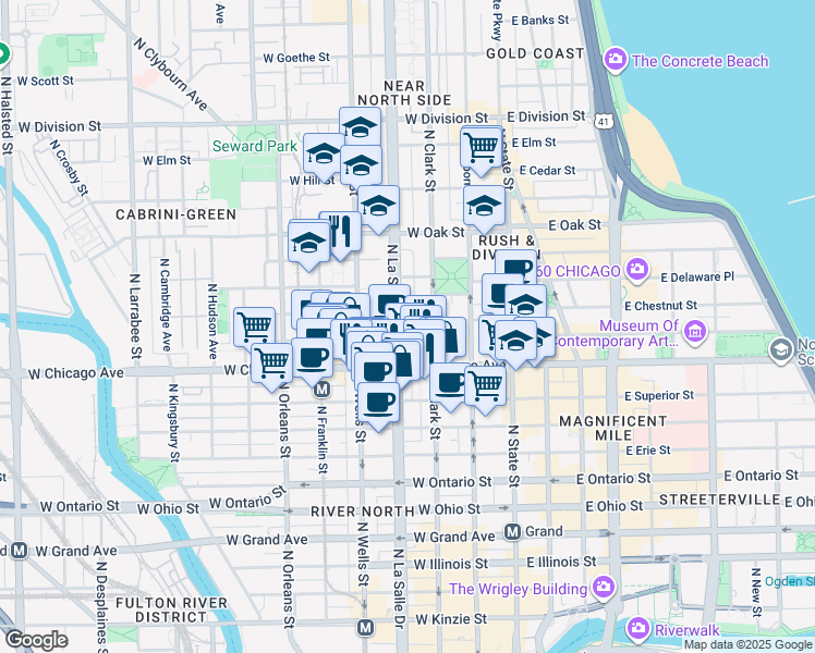 map of restaurants, bars, coffee shops, grocery stores, and more near 840 North LaSalle Drive in Chicago