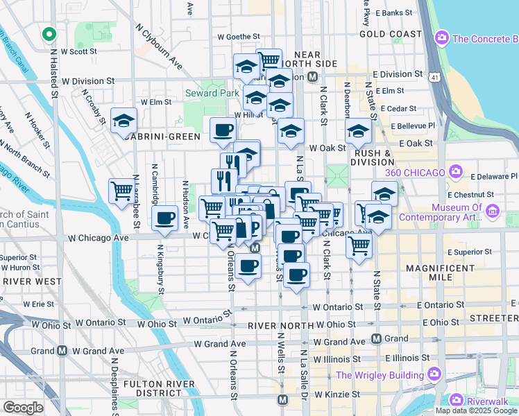 map of restaurants, bars, coffee shops, grocery stores, and more near 300 West Chestnut Street in Chicago