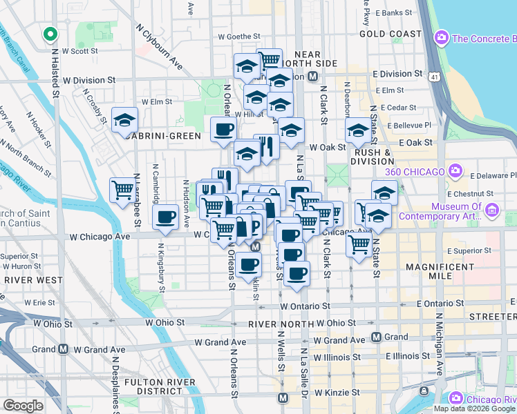 map of restaurants, bars, coffee shops, grocery stores, and more near 300 West Chestnut Street in Chicago