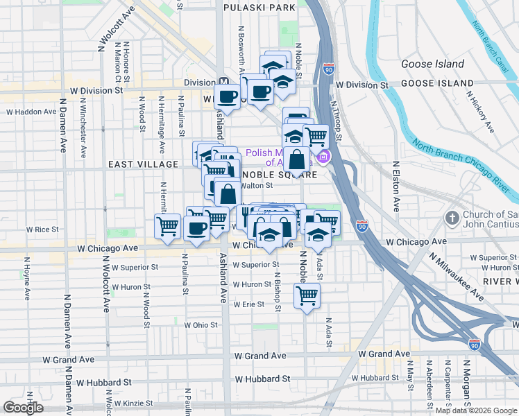 map of restaurants, bars, coffee shops, grocery stores, and more near 1454 West Chestnut Street in Chicago