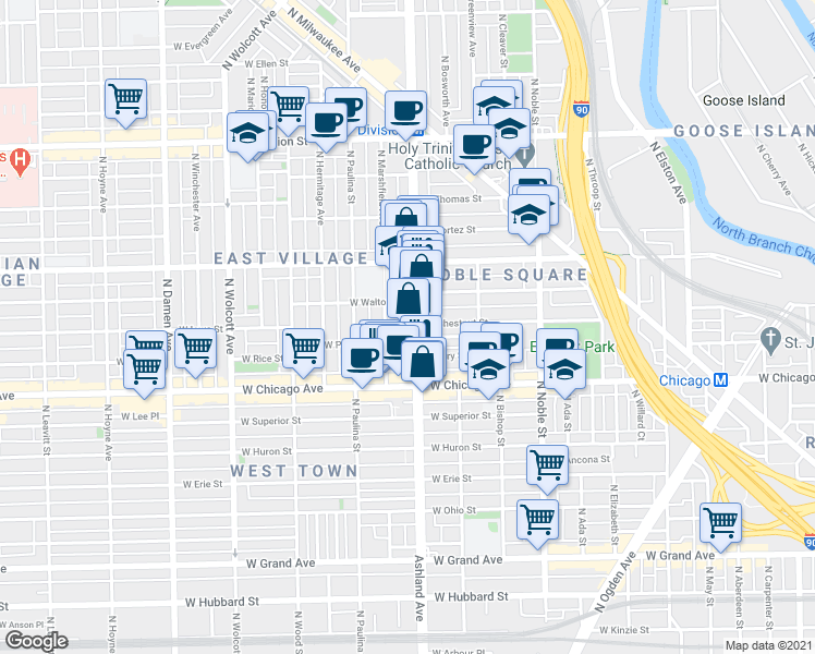 map of restaurants, bars, coffee shops, grocery stores, and more near in Chicago