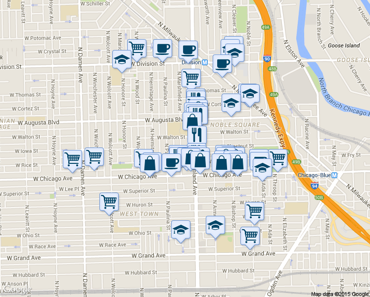 map of restaurants, bars, coffee shops, grocery stores, and more near 902 North Ashland Avenue in Chicago