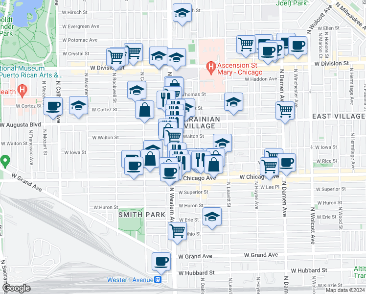 map of restaurants, bars, coffee shops, grocery stores, and more near 2324 West Iowa Street in Chicago
