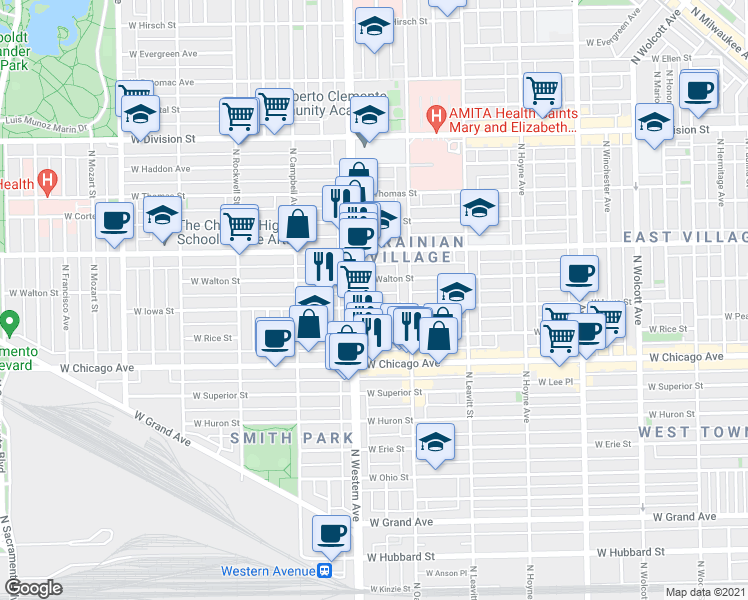map of restaurants, bars, coffee shops, grocery stores, and more near 2324 West Iowa Street in Chicago
