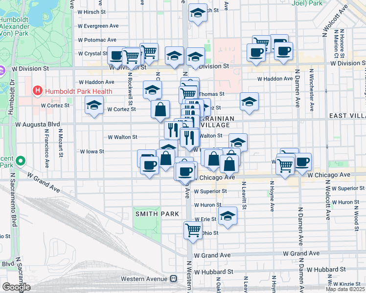 map of restaurants, bars, coffee shops, grocery stores, and more near 910 North Western Avenue in Chicago