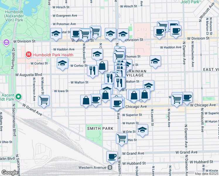 map of restaurants, bars, coffee shops, grocery stores, and more near 2440 West Iowa Street in Chicago