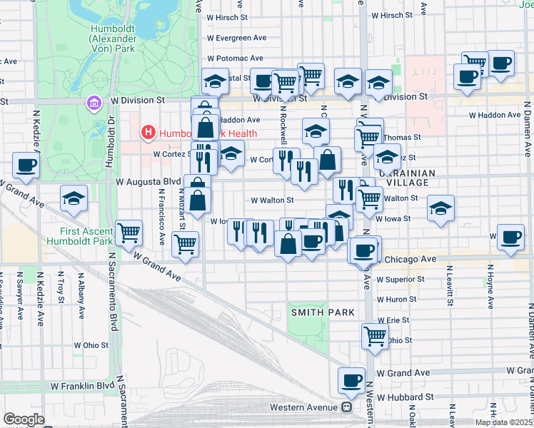 map of restaurants, bars, coffee shops, grocery stores, and more near 2627 West Walton Street in Chicago