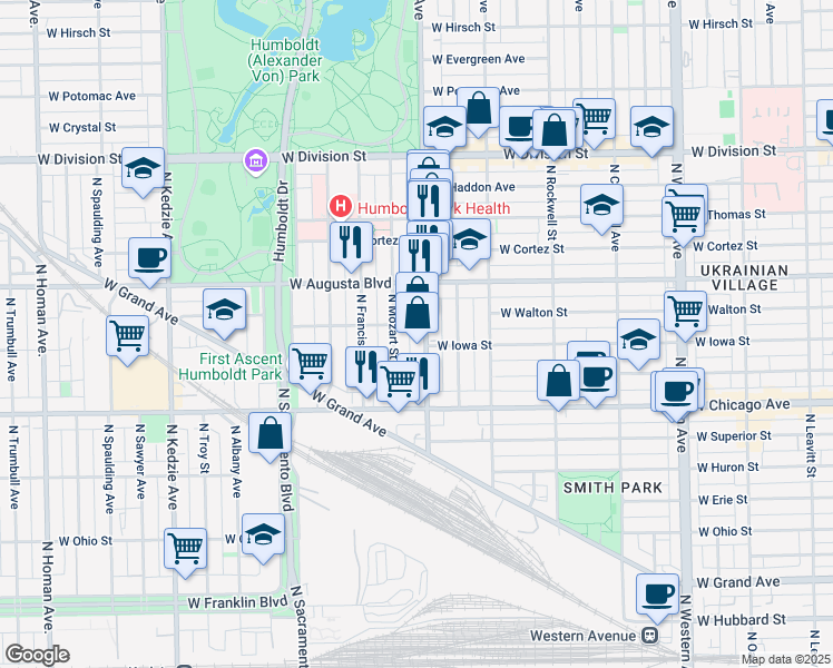 map of restaurants, bars, coffee shops, grocery stores, and more near 879 North Mozart Street in Chicago