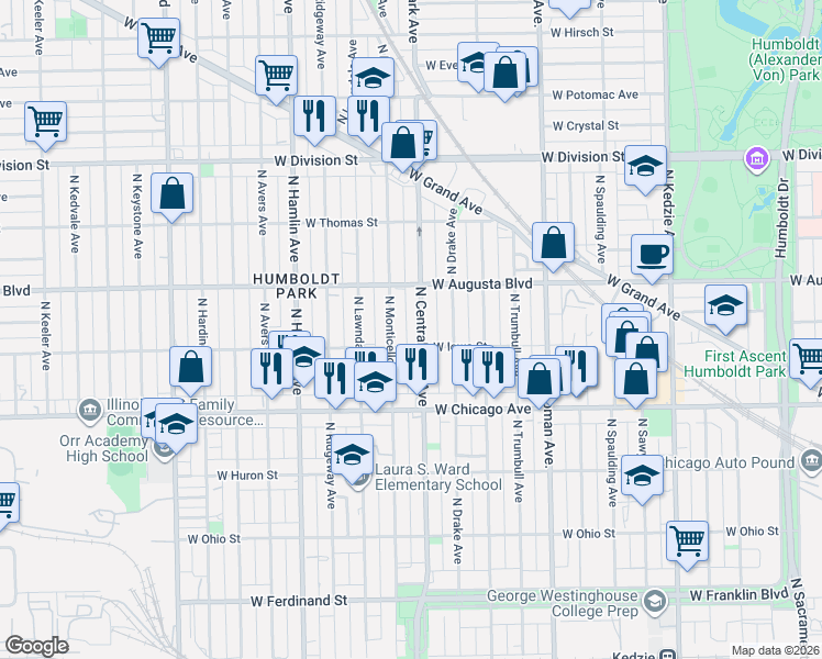 map of restaurants, bars, coffee shops, grocery stores, and more near 921 North Monticello Avenue in Chicago
