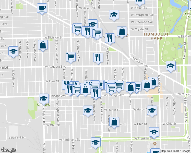 map of restaurants, bars, coffee shops, grocery stores, and more near 921 North Monticello Avenue in Chicago