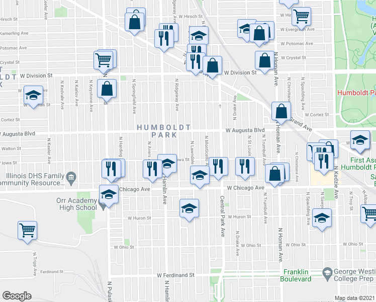map of restaurants, bars, coffee shops, grocery stores, and more near 923 North Lawndale Avenue in Chicago